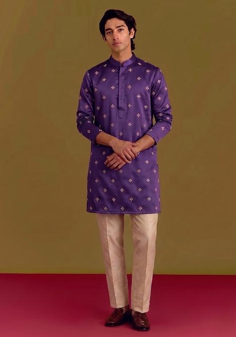 Purple Handwork Silk Kurta Set