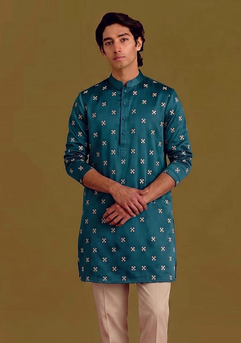 Teal Handwork Silk Kurta Set - Indya