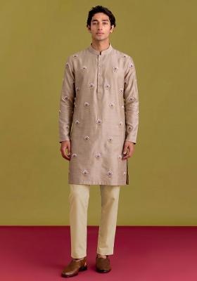 Beige Handwork Silk Blend Kurta Set