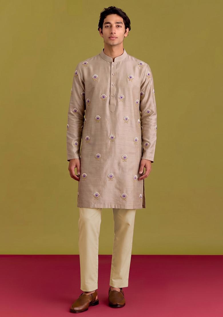 Beige Handwork Silk Blend Kurta Set - Indya