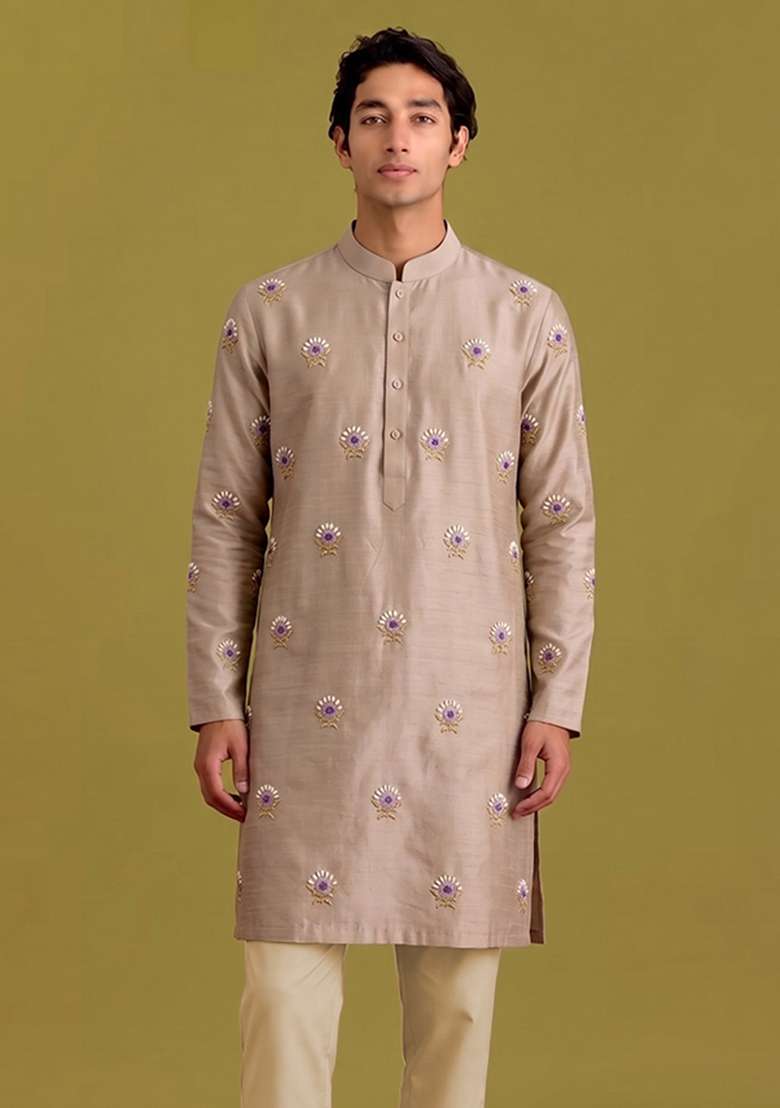 Beige Handwork Silk Blend Kurta Set - Indya