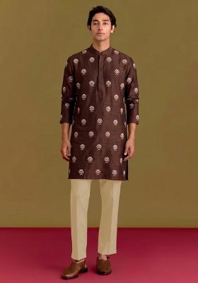 Deep Brown Handwork Silk Blend Kurta Set