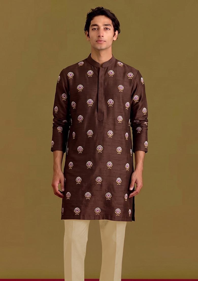 Deep Brown Handwork Silk Blend Kurta Set - Indya