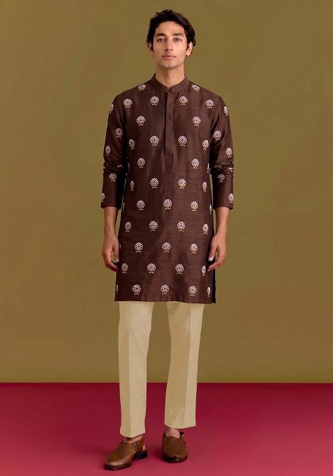 Deep Brown Handwork Silk Kurta Set