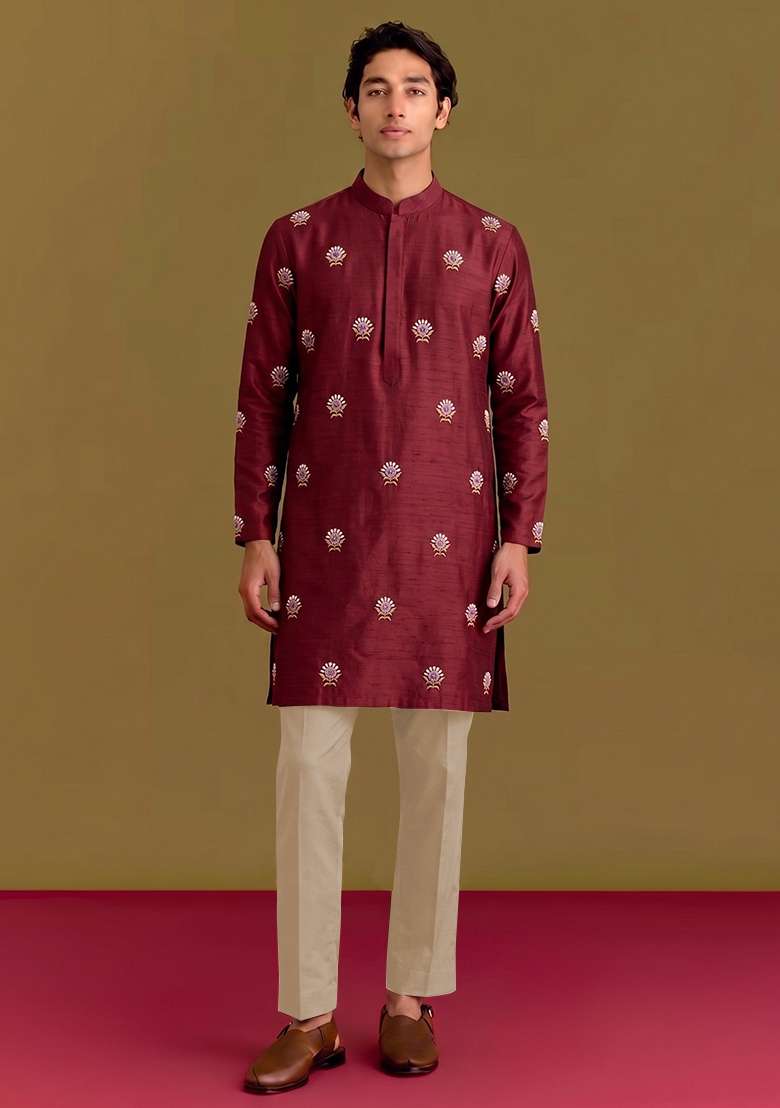 Maroon Handwork Silk Blend Kurta Set - Indya