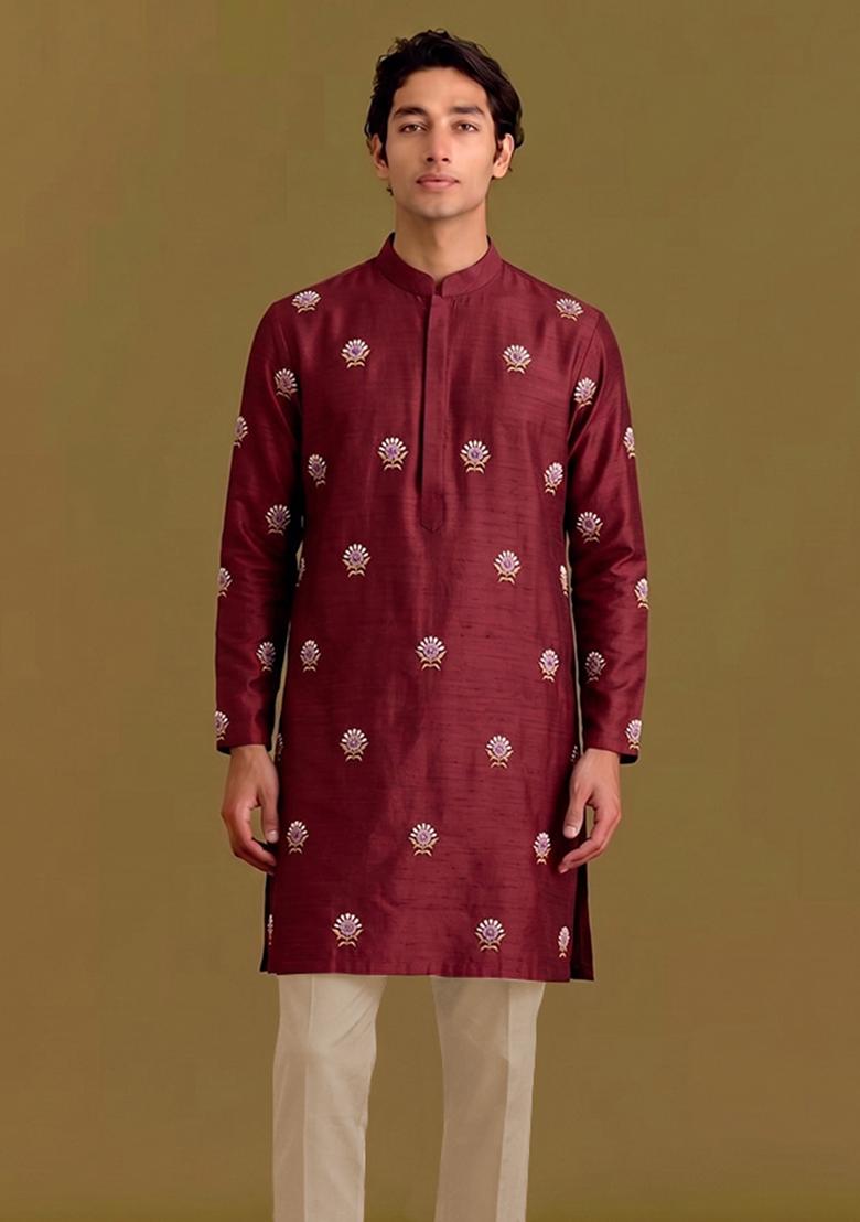 Maroon Handwork Silk Blend Kurta Set - Indya