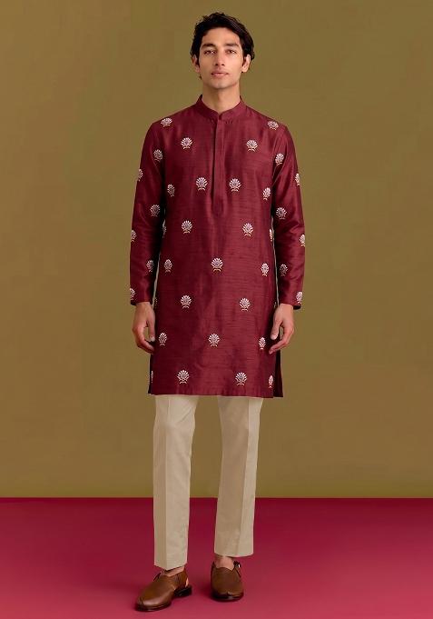 Maroon Handwork Silk Kurta Set