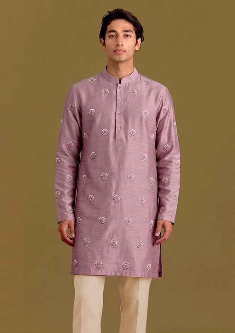 Mauve Handwork Silk Blend Kurta Set - Indya
