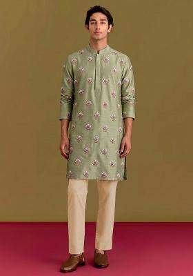 Olive Green Handwork Silk Blend Kurta Set