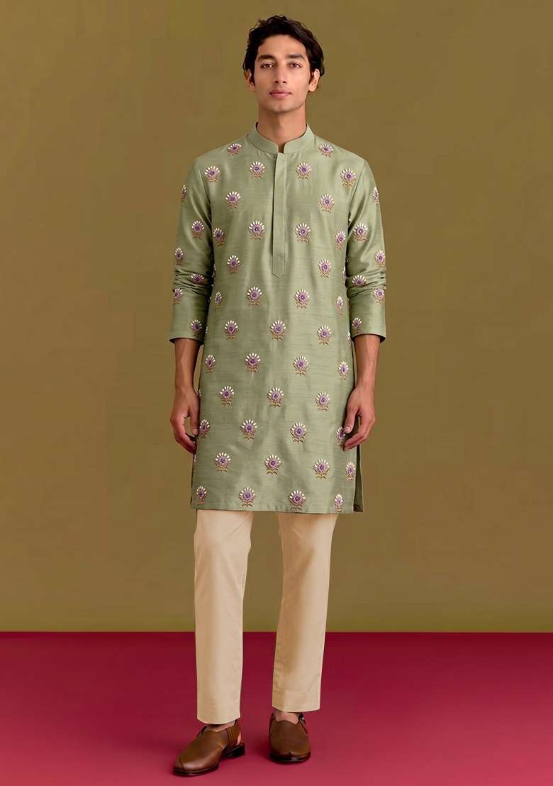 Olive Green Handwork Silk Blend Kurta Set - Indya