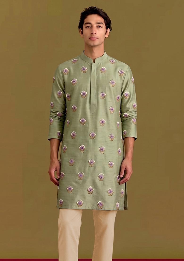 Olive Green Handwork Silk Blend Kurta Set - Indya