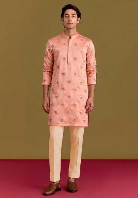 Peach Handwork Silk Blend Kurta Set