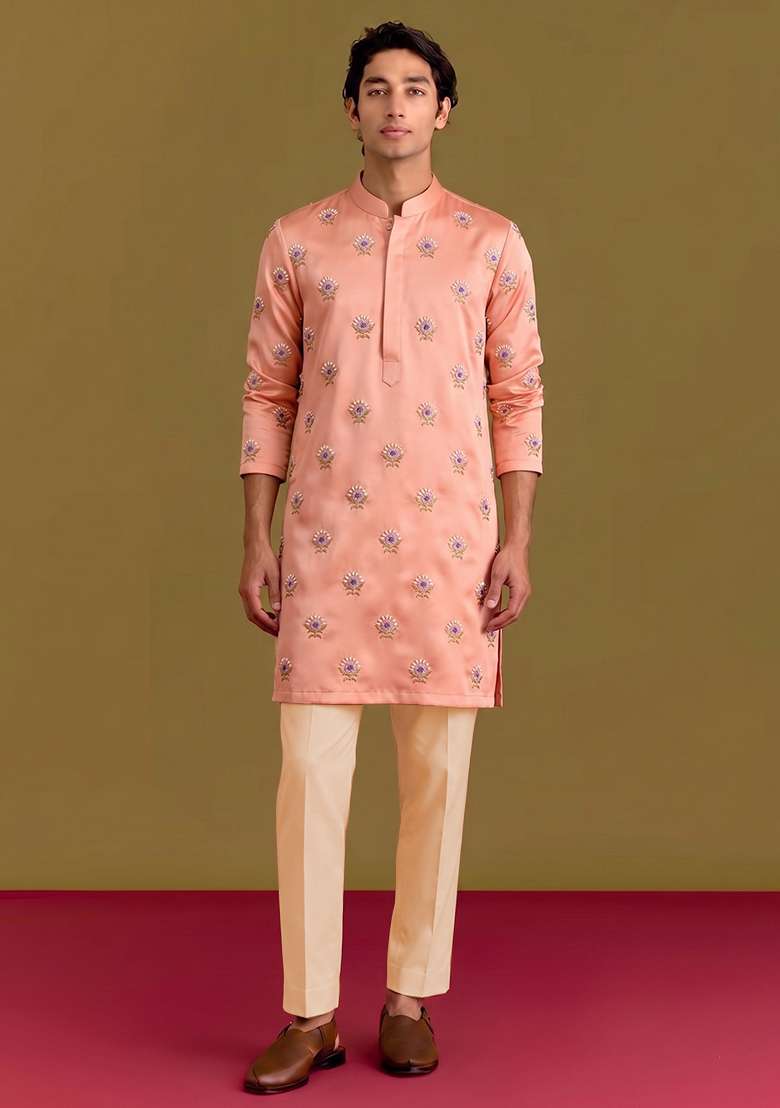Peach Handwork Silk Blend Kurta Set - Indya