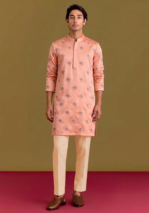 Peach Handwork Silk Kurta Set