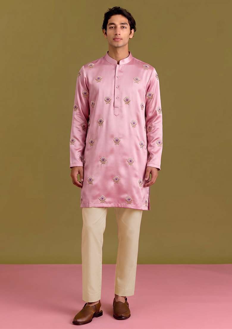 Light Pink Handwork Silk Blend Kurta Set - Indya
