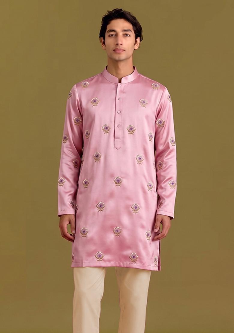 Light Pink Handwork Silk Blend Kurta Set - Indya