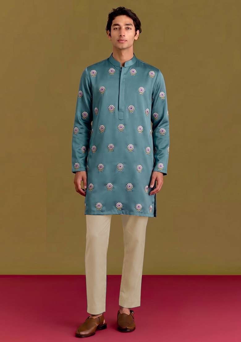 Teal Handwork Silk Blend Kurta Set - Indya