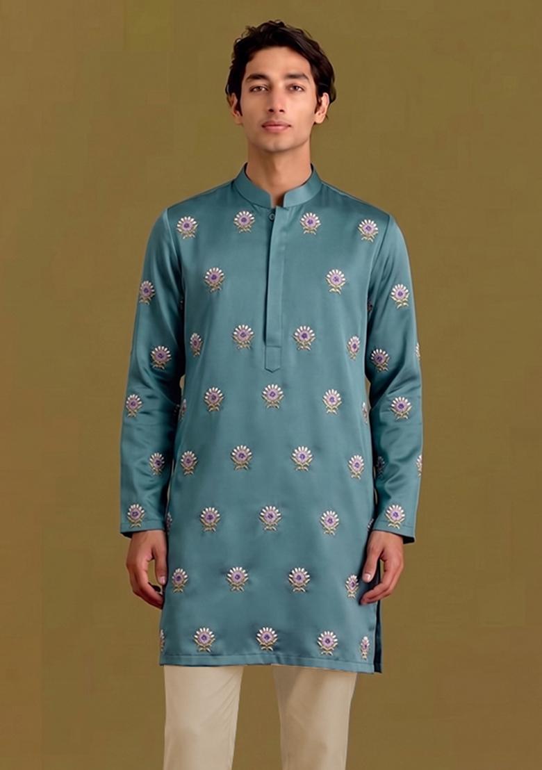 Teal Handwork Silk Blend Kurta Set - Indya