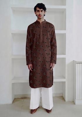 Dark Brown Handwork Satin Kurta Set