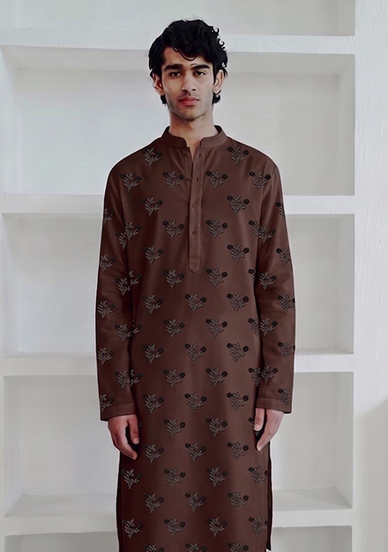 Dark Brown Handwork Satin Kurta Set - Indya