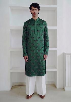 Bottle Green Handwork Satin Kurta Set
