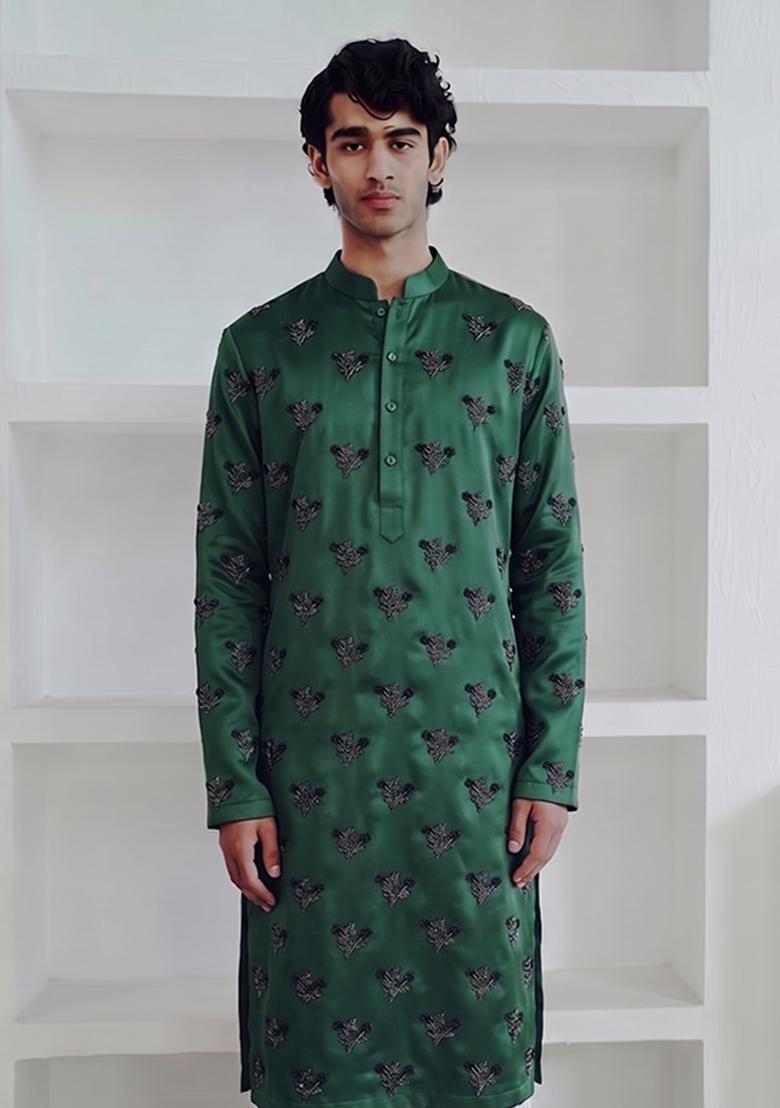 Bottle Green Handwork Satin Kurta Set - Indya