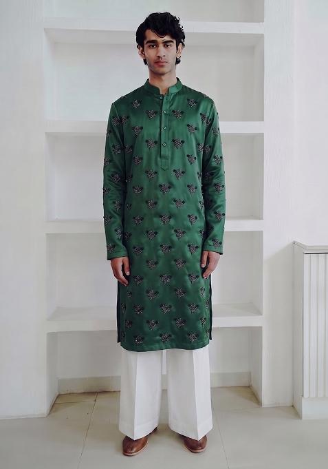 Bottle Green Handwork Satin Kurta Set