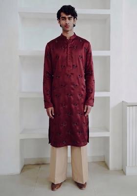 Maroon Handwork Satin Kurta Set