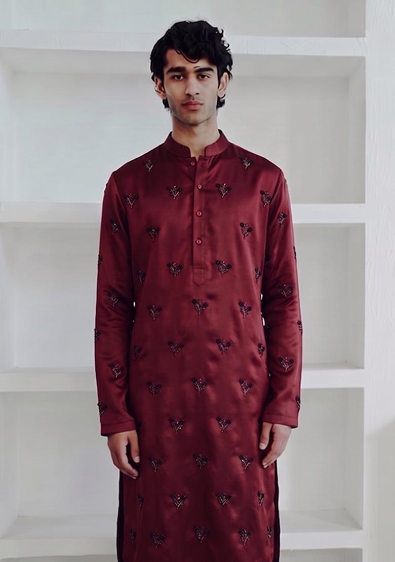 Maroon Handwork Satin Kurta Set - Indya
