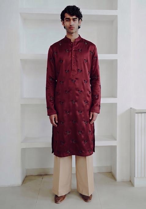 Maroon Handwork Satin Kurta Set