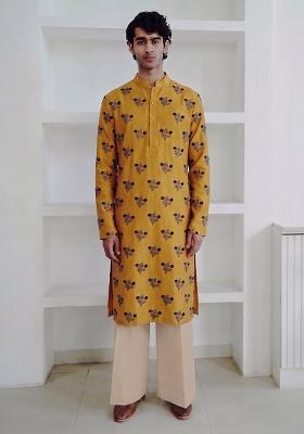 Mustard Handwork Satin Kurta Set