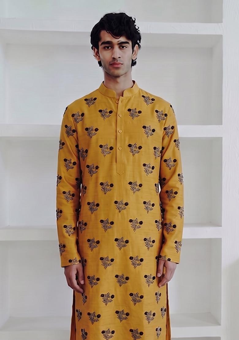 Mustard Handwork Satin Kurta Set - Indya
