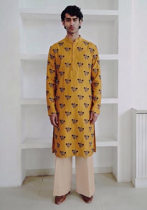 Mustard Handwork Satin Kurta Set