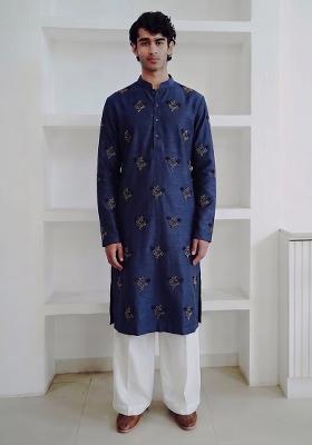 Navy Blue Handwork Satin Kurta Set