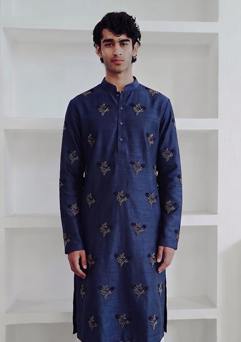 Navy Blue Handwork Satin Kurta Set - Indya