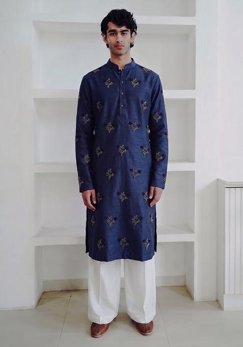 Navy Blue Handwork Satin Kurta Set