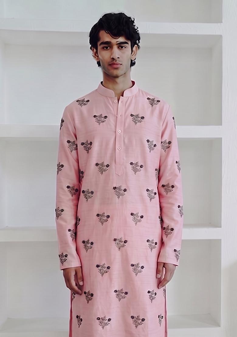 Light Pink Handwork Satin Kurta Set - Indya