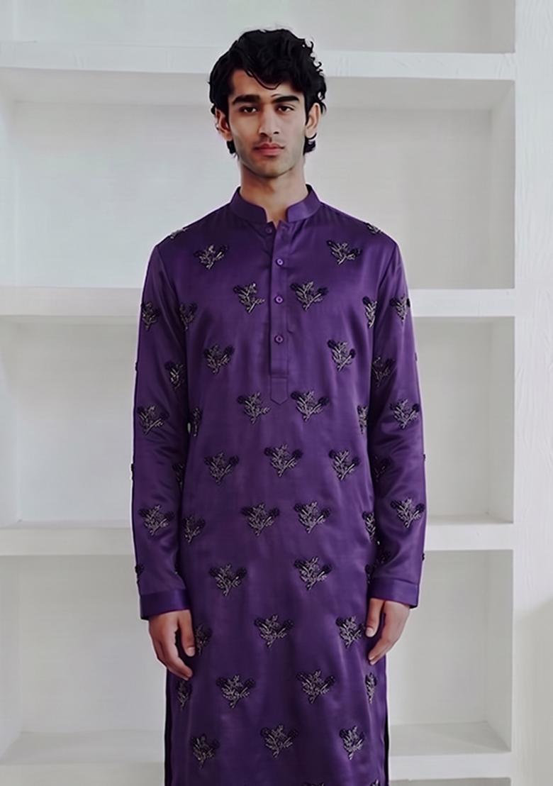 Purple Handwork Satin Kurta Set - Indya