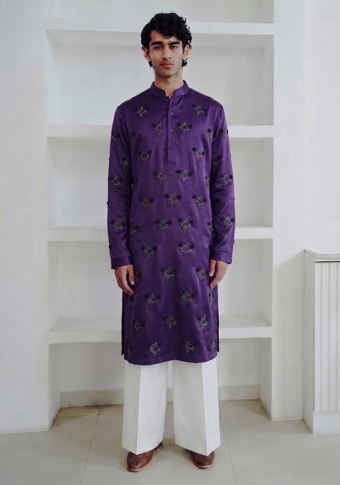 Purple Handwork Satin Kurta Set