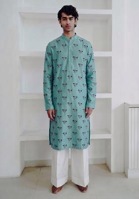 Teal Handwork Satin Kurta Set