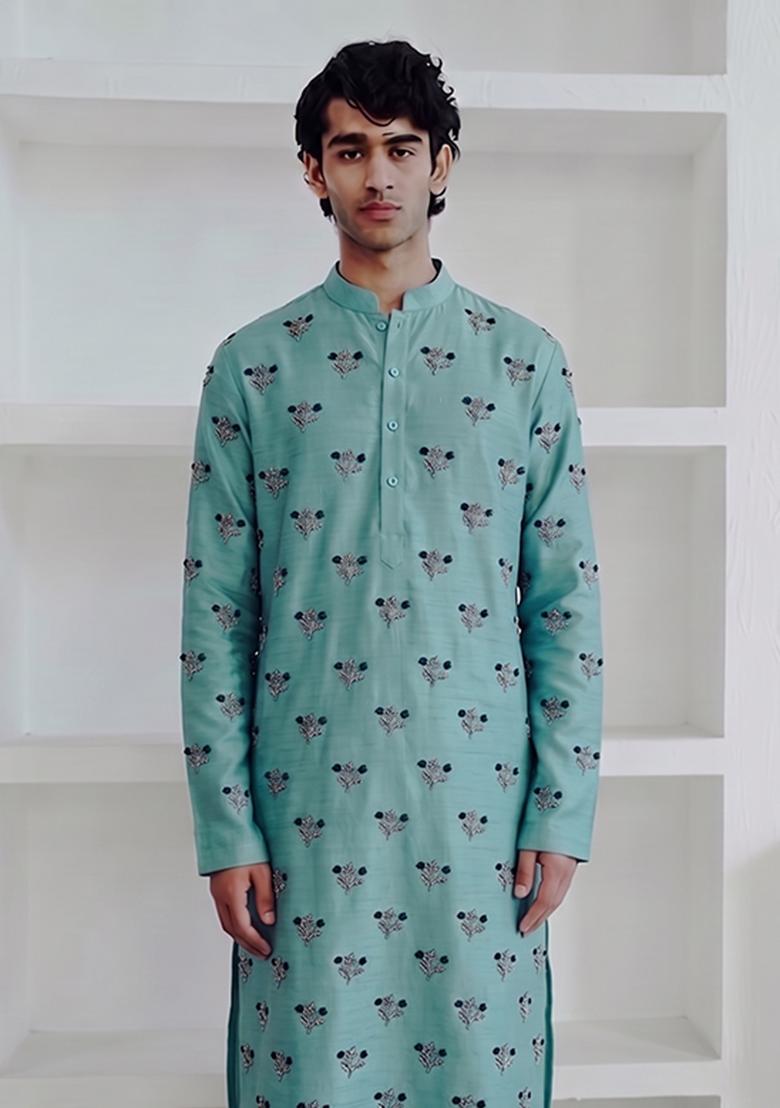 Teal Handwork Satin Kurta Set - Indya