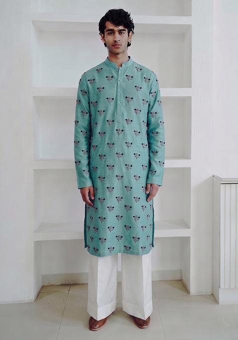 Teal Handwork Satin Kurta Set