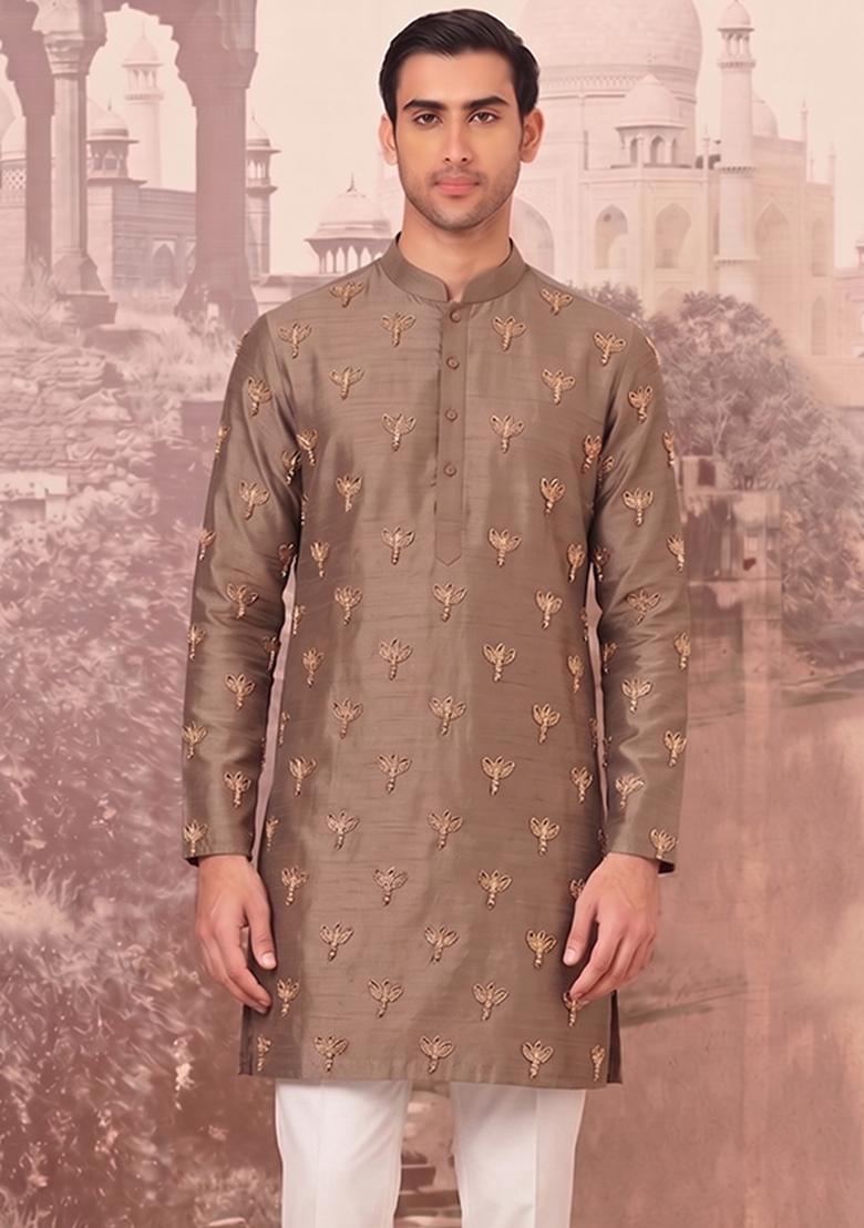 Brown Handwork Silk Blend Kurta Set - Indya
