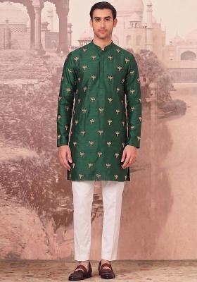 Bottle Green Handwork Silk Blend Kurta Set
