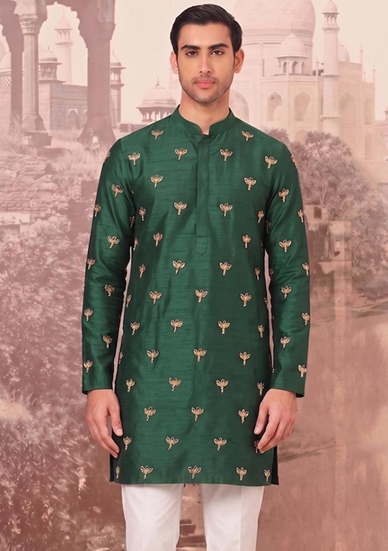 Bottle Green Handwork Silk Blend Kurta Set - Indya