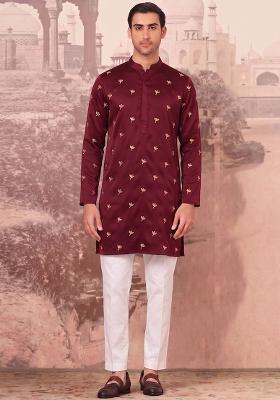 Maroon Handwork Silk Blend Kurta Set