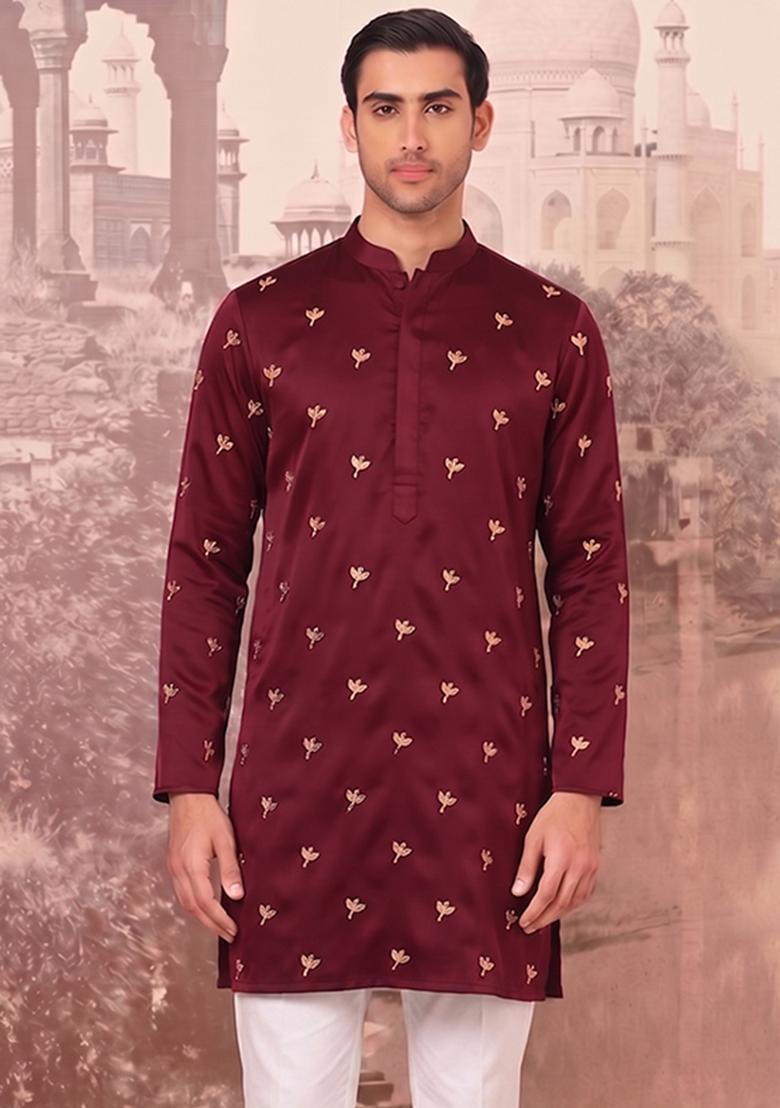 Maroon Handwork Silk Blend Kurta Set - Indya