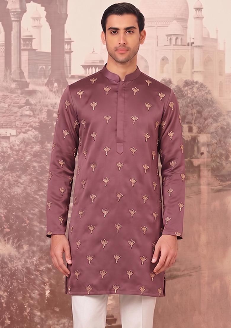 Mauve Handwork Silk Blend Kurta Set - Indya
