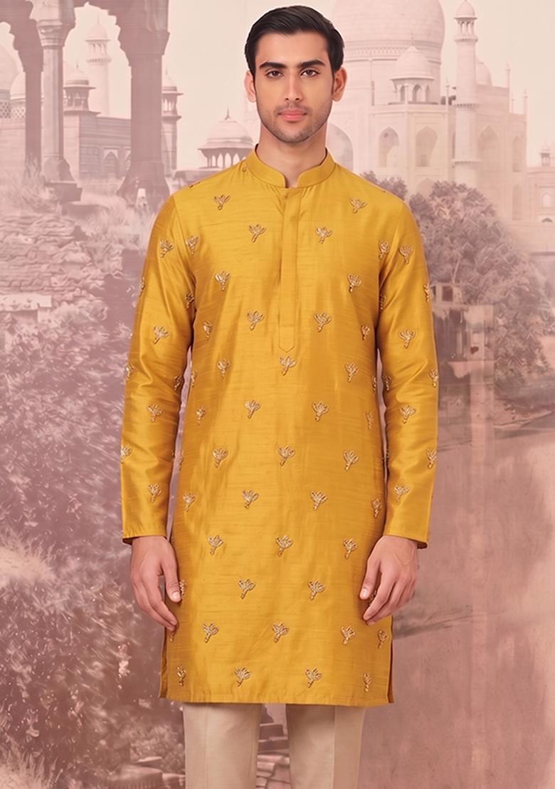 Mustard Handwork Silk Blend Kurta Set - Indya