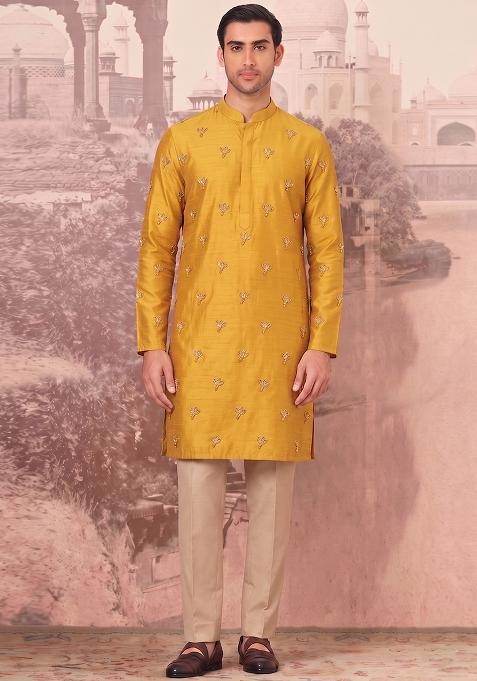 Mustard Handwork Silk Kurta Set
